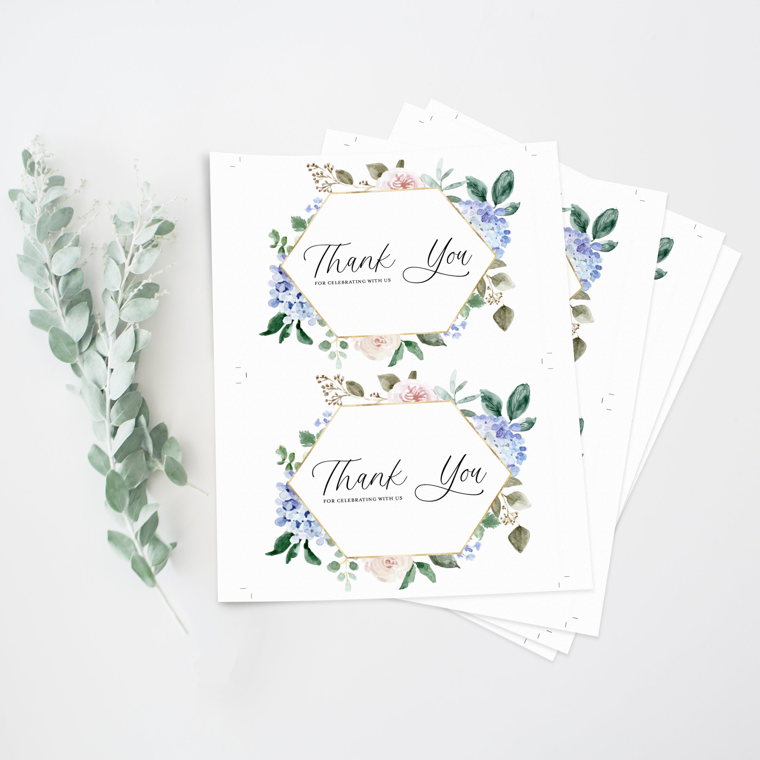 Blue Floral Thank You Card - Printable Watercolor Hydrangeas and Roses ...