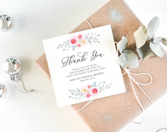 INSTANT DOWNLOAD - Floral Thank You Gift Tag Template - Watercolor Pink Peonies and Anemones Tag - Editable 3x3 Square Wedding Favor Tag