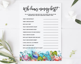 Who Knows Mommy Best Game Card - Printable Watercolor Under the Sea Summer Baby Shower Mommy to be Quiz Game - Instant Download UWF2