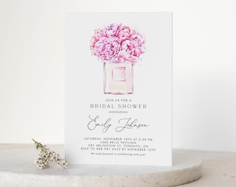 Printable Perfume Bridal Shower Invitation Template - Watercolor Perfume Bottle & Pink Flowers Bridal Shower Evite - Editable Invite WPPF6