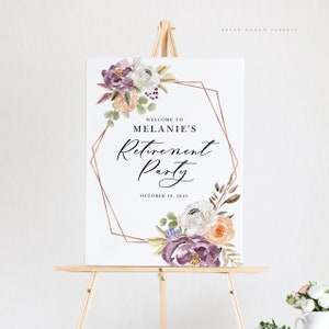 Druckbare Blumen Ruhestand Party Willkommen Schild Vorlage - 18x24 Aquarell Lila Herbst Blumen Rose Gold Geometrische Ruhestand Poster FPRG5