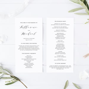 Pode incluir: Programa da cerimônia de casamento com texto preto em papel branco. O programa lista a festa de casamento, a ordem da cerimônia e uma seção de memórias amorosas.
