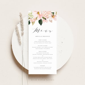 Wydrukuj Różowy Kwiatowy Menu Ślubne Szablon Karty - 4x9 Różowe Hortensje Magnolie Różowe Złoto Karta Menu Prysznicowe - Edytowalna Karta Menu PMH5