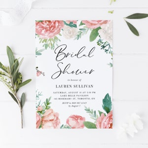 Printable Garden Roses Bridal Shower Invitation Template, Watercolor Peach Floral Bridal Luncheon, Bridal Brunch Evite, Editable Invite GR19