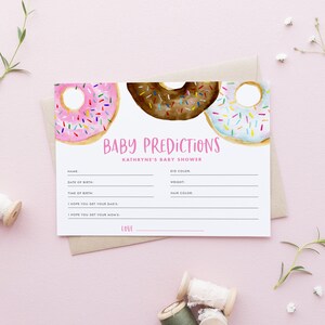 Donuts Baby Voorspellingen Kaart Sjabloon - Afdrukbare Aquarel Roze, Wit en Chocolade Donuts Meisje Baby Sprinkle Game - Bewerkbare DIY WD67