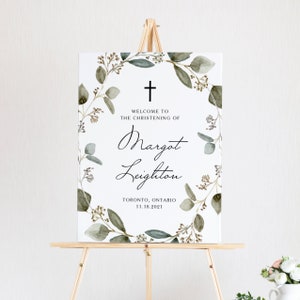Eucalyptus battesimo modello di segno di benvenuto - Vintage acquerello seminato corona di eucalipto battesimo, prima comunione Poster - stampabile SE05