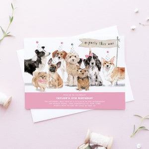 May include: A pink and white birthday invitation with a watercolor illustration of dogs wearing party hats. The text reads "Join us to celebrate Taylor's 5th Birthday. On Saturday, May 18th at 2 o'clock in the afternoon. The Bishop Home, 884 Huntsville St, New York. Kindly RSVP to 888 987 4543 by May 10."