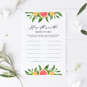 How Old Was the Bride to be Card - Printable Watercolor Grapefruits and Oranges Garland Guessing Bridal Shower Game - Instant Download #013