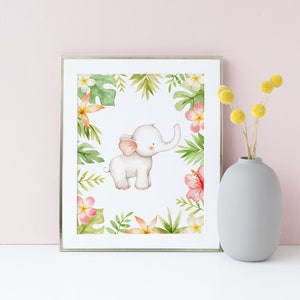 Imprimible bebé elefante vivero impresión - 8x10 lindo acuarela elefante vivero pared arte - Tropical Safari Baby Shower - Descarga instantánea SF87