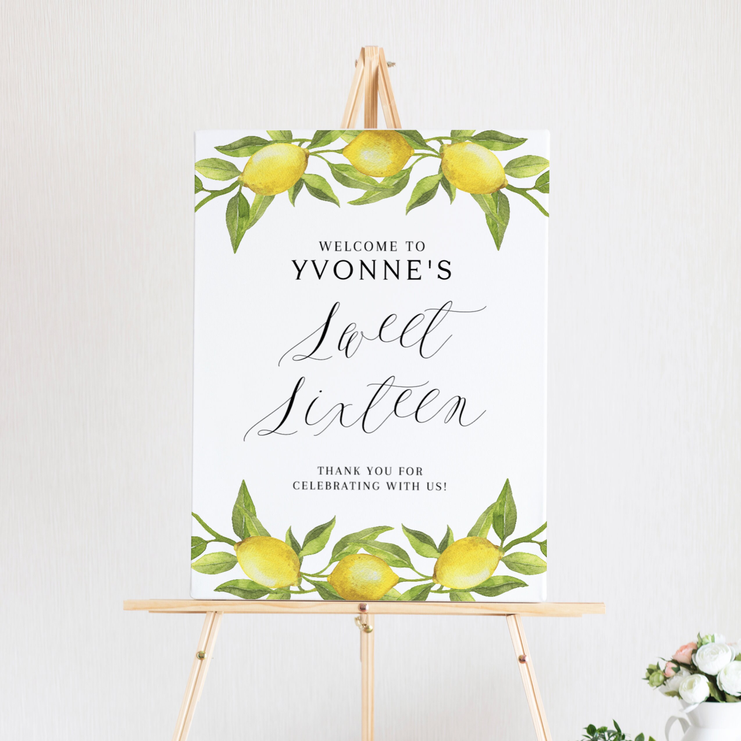 Lemon Sweet Sixteen Welcome Sign Template Printable Watercolor Lemon Greenery Garland Summer Sweet 16 Party Poster DIY