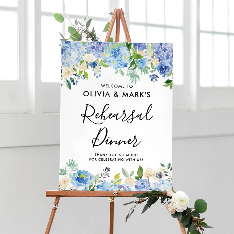 Editable Printable Watercolor Blue Hydrangeas /& Ivory Roses Rehearsal Dinner Sign Templett #024 Rehearsal Dinner Welcome Sign Template