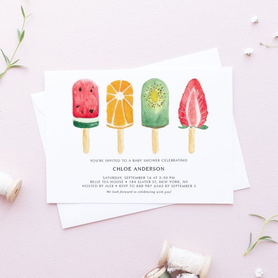 Printable Summer Baby Shower Invitation Template - Watercolor Fruit Popsicles Baby Shower Invite - DIY, Editable, Templett WFP78