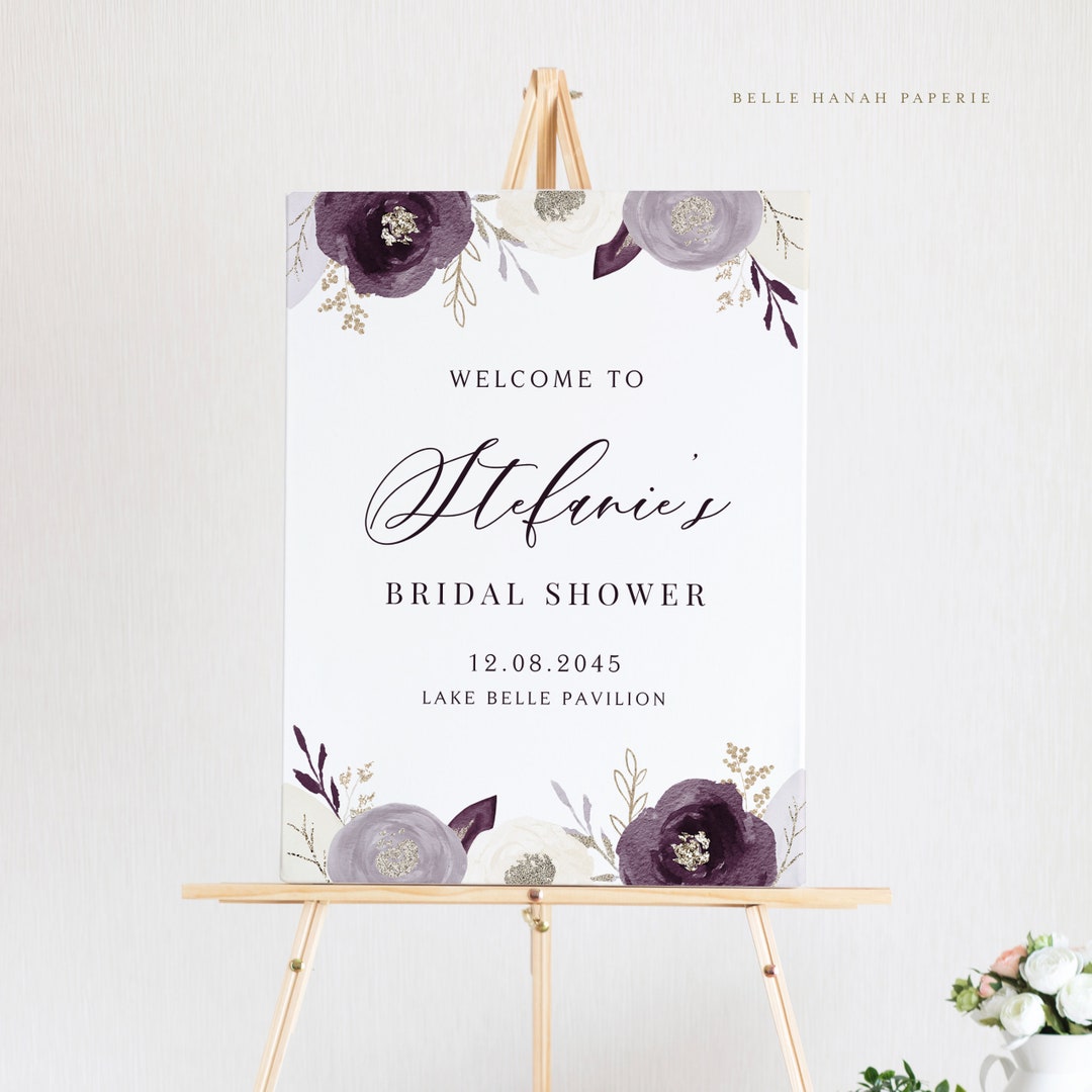 Printable Purple Bridal Shower Welcome Sign Template - DIY Watercolor ...