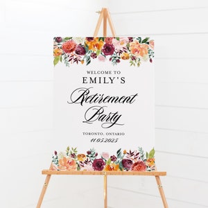 Plantilla imprimible para letrero de bienvenida a la fiesta de jubilación de otoño: póster de jubilación con acuarela de 18 x 24 pulgadas para armar; letrero floral editable AB41