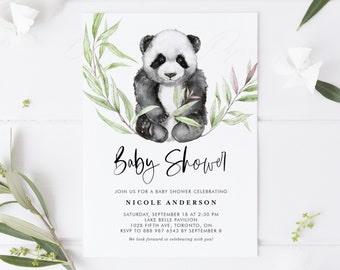 May include: A baby shower invitation featuring a watercolor illustration of a panda bear surrounded by green leaves. The text "Baby Shower" is written in elegant script, with event details below.