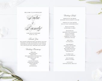 Printable Wedding Program Template - 4x8 Editable Wedding Ceremony Programs - Katie Script - Customizable Colors - Instant Download