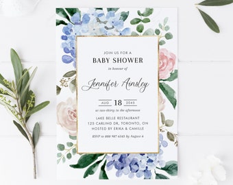 Printable Hydrangeas Baby Shower Invitation Template - DIY Watercolor Blue Hydrangeas and Roses Baby Shower Invite - Editable Invite BHR5