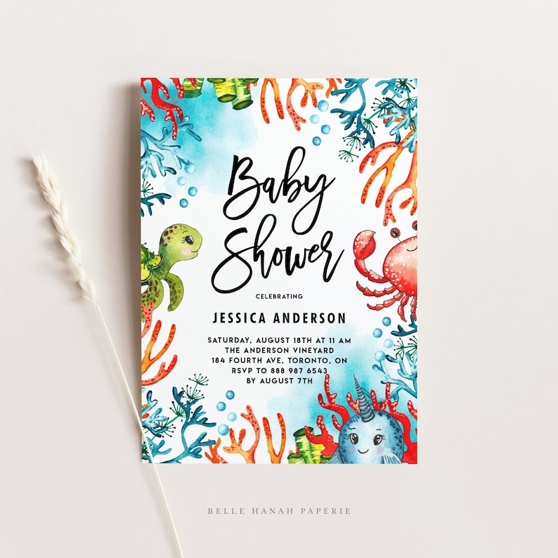 Printable Under the Sea Baby Shower Invitation Template DIY Watercolor Sea Creatures Summer Baby Shower Evite Editable Invitation UWF2 image 1