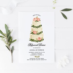 Plantilla de invitación a cena de ensayo imprimible - invitación de ensayo de boda DIY - invitación a cena de ensayo floral de pastel escalonado de acuarela