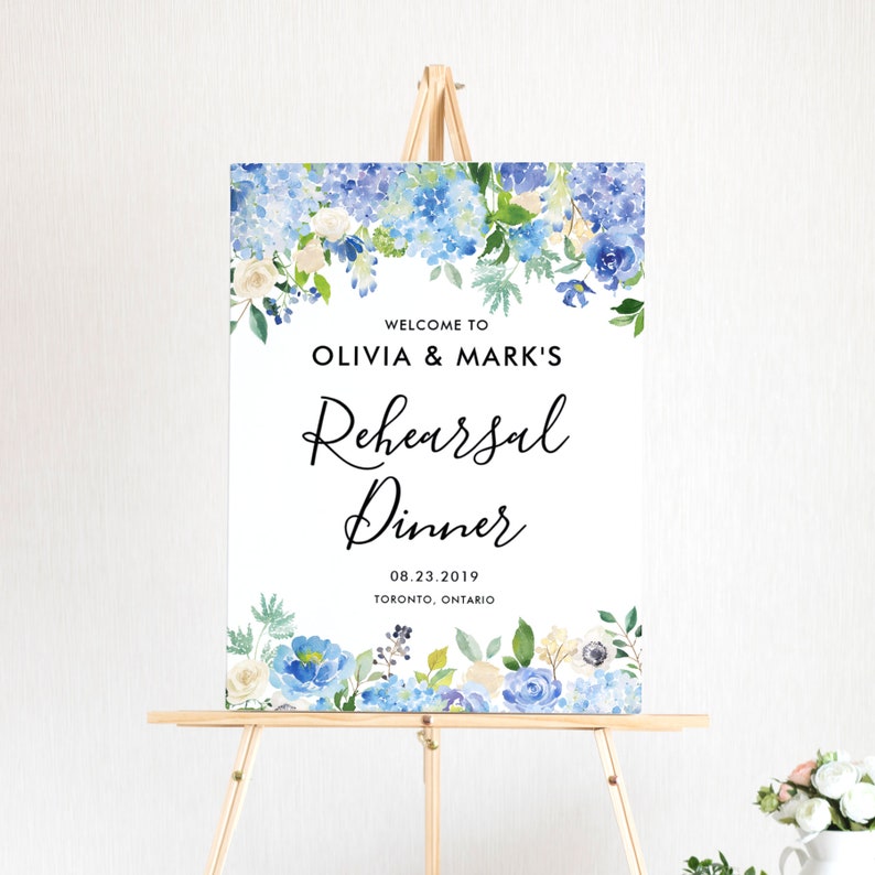 Editable Printable Watercolor Blue Hydrangeas /& Ivory Roses Rehearsal Dinner Sign Templett #024 Rehearsal Dinner Welcome Sign Template