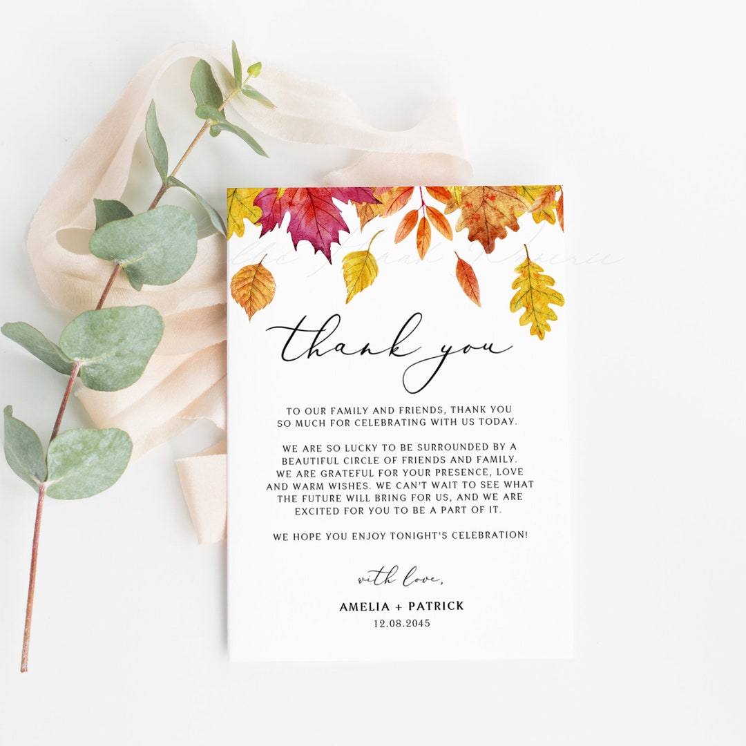Printable Fall Leaves Wedding Thank You Card Template - Rustic Falling ...