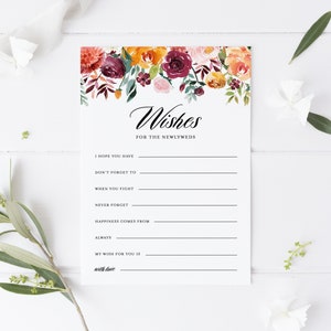 Carte de souhaits de mariage d'automne pour les jeunes mariés - carte de souhaits de mariage de fleurs d'automne aquarelle - insert de douche - téléchargement immédiat AB41