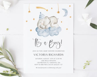 Boy Elephant Baby Shower Invitation Template - Printable Watercolor Sleeping Elephant It's a Boy Baby Shower Invite - Editable Invite SE09