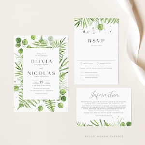 Modèle imprimable de faire-part de mariage verdure - invitation aquarelle fougères et eucalyptus, RSVP et pièce jointe - suite mariage modifiable FE21