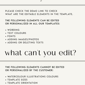 Pode incluir: Um gr&aacute;fico de texto que explica o que pode e o que n&atilde;o pode ser editado em um modelo. O gr&aacute;fico indica que os seguintes elementos podem ser editados: o texto, as cores do texto, as fontes, a adi&ccedil;&atilde;o de imagens/fotos e a adi&ccedil;&atilde;o ou remo&ccedil;&atilde;o de textos. O gr&aacute;fico tamb&eacute;m indica que os seguintes elementos n&atilde;o podem ser editados: as cores das ilustra&ccedil;&otilde;es de aquarela, os tamanhos do modelo e a orienta&ccedil;&atilde;o do modelo.