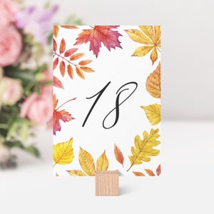 May include: A white card with a watercolour design of autumn leaves in shades of red, orange, and yellow. The number 18 is written in black cursive script on the card.