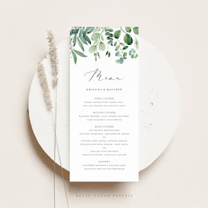 Printable Eulcayptus Leaves Wedding Menu Card Template - DIY 4"x9" Watercolor Greenery Wedding Bridal Shower Menu Card - Editable Menu EG1