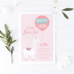 Printable Llama Birthday invitation Template - DIY Pink Llama with Balloon Birthday Invitation - Editable Fiesta Llama Party Invite