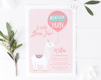 Druckbare Lama Geburtstagseinladungsvorlage - DIY Rosa Lama mit Ballon Geburtstagseinladung - Bearbeitbare Fiesta Llama Party Einladen