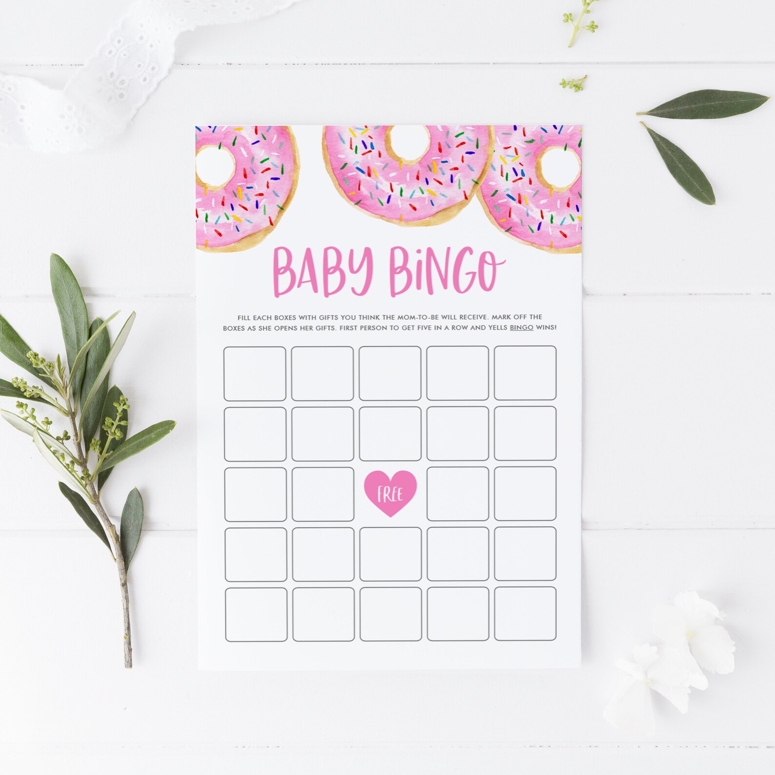 Pink Donuts Baby Bingo Card Printable Watercolor Pink Donuts | Etsy