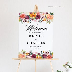 Druckbare Herbsthochzeits-Willkommensschild-Vorlage – DIY Aquarell-Herbstblüten-Hochzeitsposter – Bearbeitbares 18x24-Herbsthochzeitsschild AB41