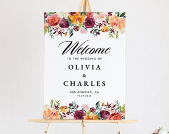 Printable Fall Wedding Welcome Sign Template - DIY Watercolor Autumn Blooms Wedding Poster - Editable 18x24  Autumn Wedding Sign AB41