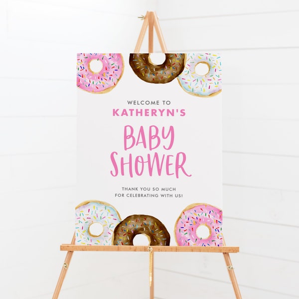 Printable Donuts Baby Shower Welcome Sign Template - DIY Watercolor Pink and Chocolate Donuts Baby Sprinkle Shower Poster - Editable WD67