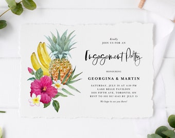 Tropical Pineapple Engagement Party Invitation Template - Printable Pineapple, Banana, Hibiscus Summer Luau Wedding Shower Invite - DIY TFF4