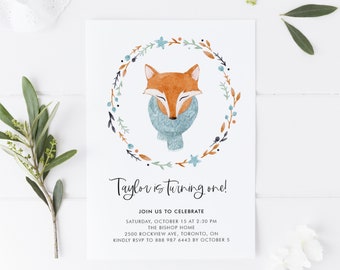 Fox Woodland Kids Birthday Party Invitation Template - Printable Watercolor Fox Winter Woodland First Birthday Invite - DIY Editable