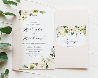 DIY White Floral Wedding Invitation Set Template - Printable Watercolor White Roses and Hydrangeas Invite RSVP Wedding Suite - Editable #087