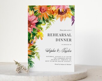 Sunflower Rehearsal Dinner Invitation Template - Printable Rustic Watercolor Sunflowers Fall Wedding Shower Evite - Editable Invite AS18