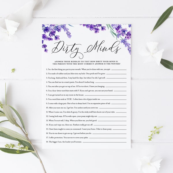 Printable Lavender Dirty Minds Bridal Shower Game- Watercolor Lavender Dirty Minds Riddles Bachelorette Party Game - Instant Download LF41