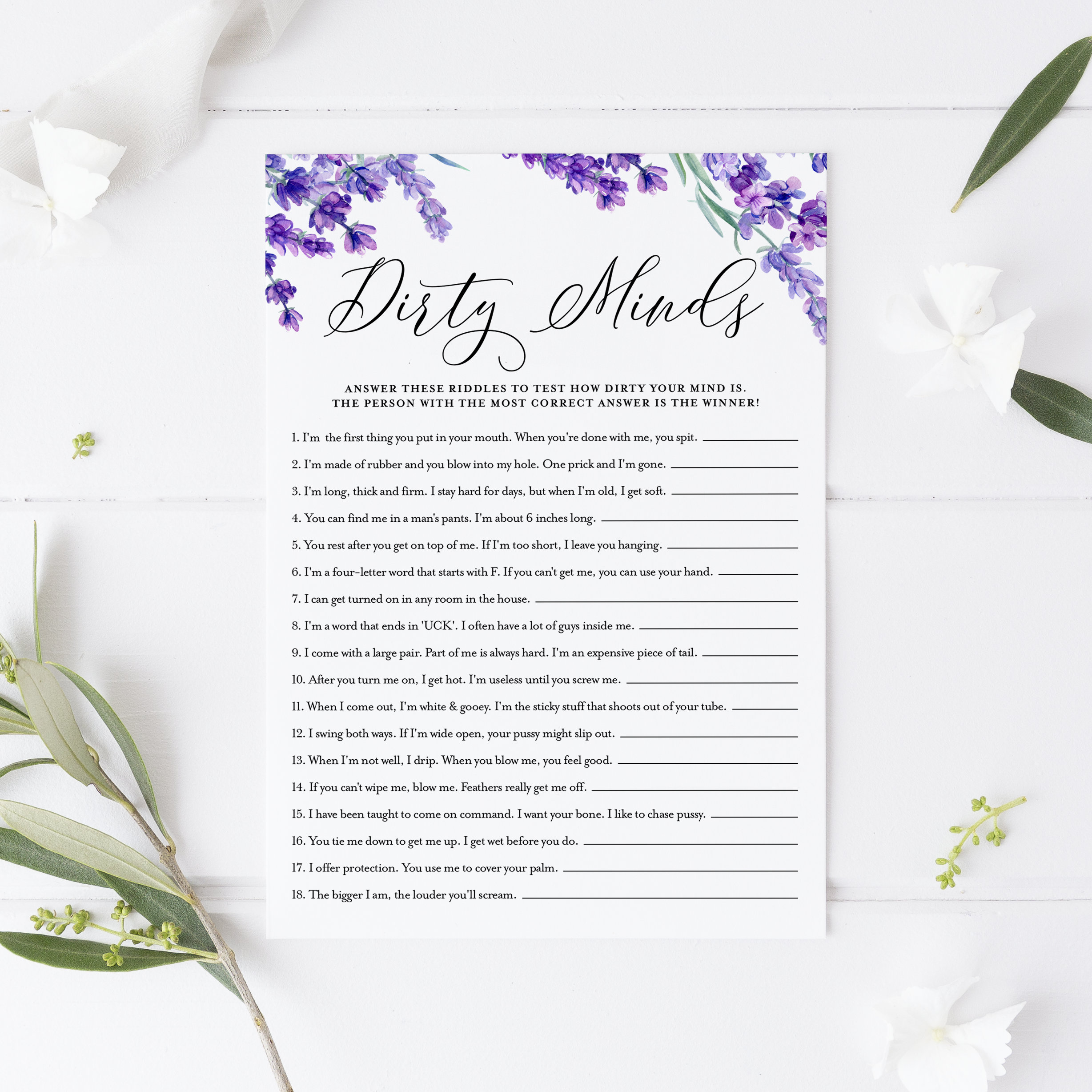 Printable Lavender Dirty Minds Bridal Shower Game Watercolor - Etsy  Singapore