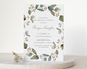 Printable Boho Retirement Party Invitation Template - Vintage Watercolor Seeded Eucalyptus Wreath Retirement Evite - Editable Invite SE05