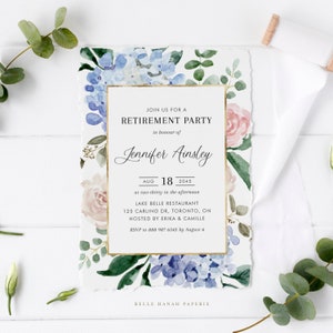Printable Hydrangea Retirement Party Invitation Template - DIY Watercolor Blue Hydrangeas and Roses Retirement Invite -Editable Invite BHR5