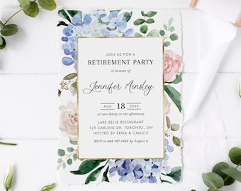 Printable Hydrangea Retirement Party Invitation Template - DIY Watercolor Blue Hydrangeas and Roses Retirement Invite -Editable Invite BHR5