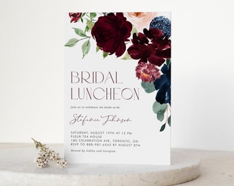 Wydrukuj Rustykalny Szablon Zaproszenia Na Wieczór Panieński - DIY Boho Ciemnoczerwone i Granatowe Kwiaty Jesienne Zaproszenie Na Lunch Ślubny - Edytowalne Zaproszenie DB91