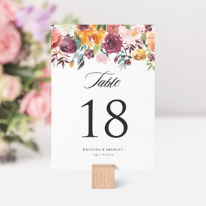Druckbare Herbstblumen Tischnummer Kartenvorlage - DIY 5x7 Aquarell Herbstblüten Blumen Hochzeit Tischnummern - Bearbeitbare Karte AB41