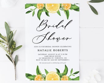 Printable Lemon Bridal Shower Invitation Template - Watercolor Lemons & Oranges Garland Summer Bridal Luncheon Evite - Editable Invite #014