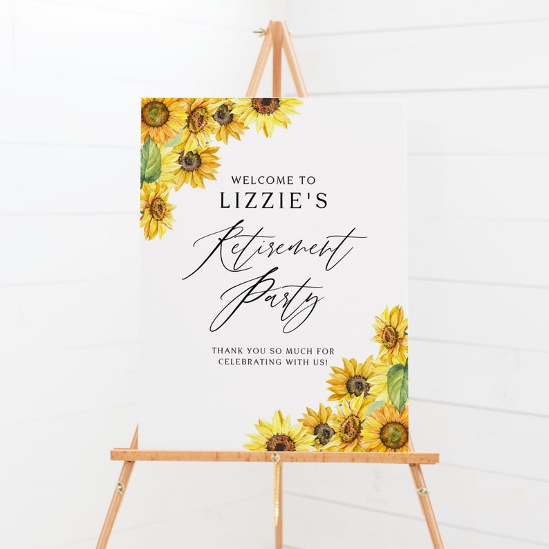 DIY Floral Retirement Poster Editable WS95 Sunflowers Retirement Party Welcome Sign Template Printable Rustic Watercolor Sunflower Sign